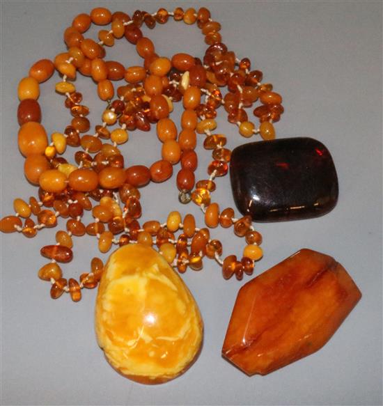 Amber bead necklace, amber necklace with large amber pendant and 2 brooches